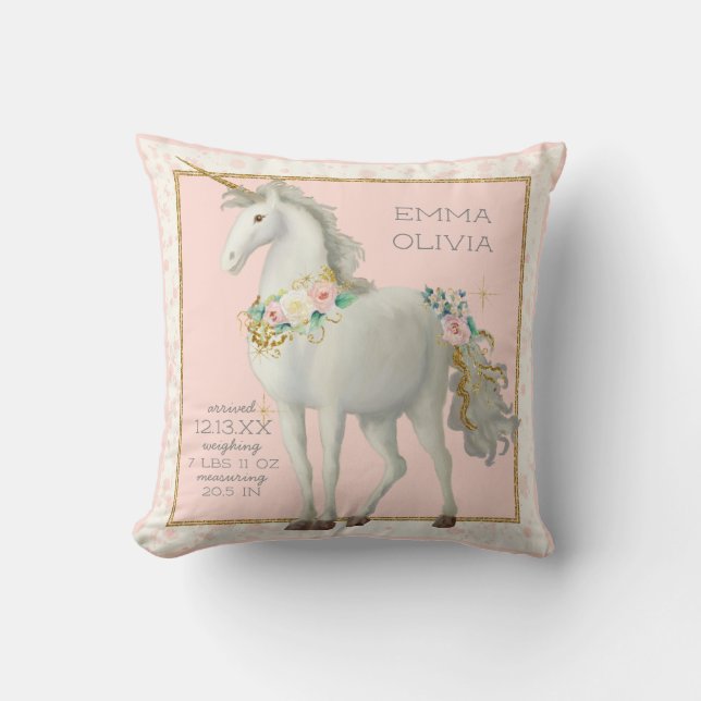 Magical Unicorn BOHO Floral Baby Girl Birth Stats Throw Pillow (Front)