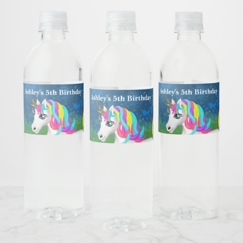 Magical Unicorn Bright Colorful Birthday Party Water Bottle Label