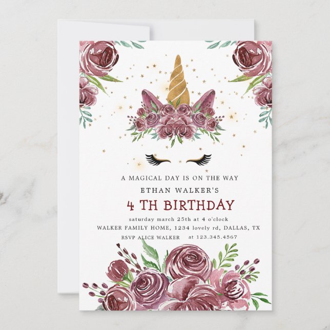 magical unicorn burgundy roses Birthday Invitation (Front)