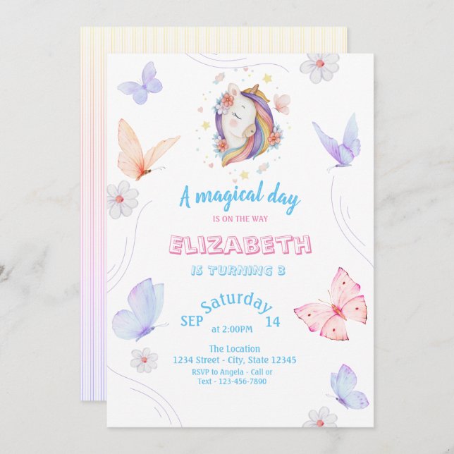 Magical Unicorn Butterflies Striped Birthday  Invitation (Front/Back)