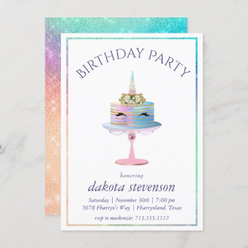 Magical Unicorn Cake  Fantasy Watercolor Birthday Invitation