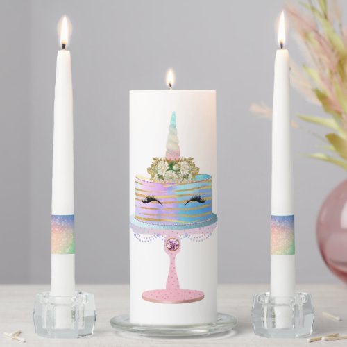 Magical Unicorn Cake  Fantasy Watercolor Party Unity Candle Set