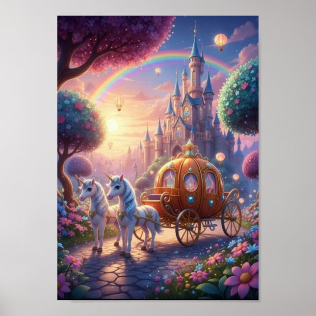 Magical Unicorn Carriage Fairytale Castle Poster (Front)
