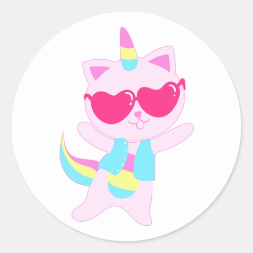 Magical unicorn Cat cartoon _ Choose back color Classic Round Sticker