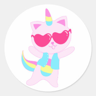 Magical unicorn Cat cartoon - Choose back color Classic Round Sticker