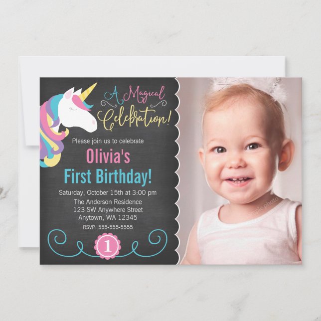 Magical Unicorn Chalkboard Photo Birthday Invite (Front)
