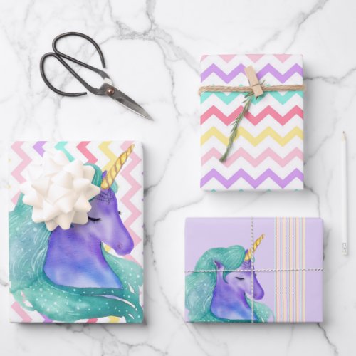 Magical Unicorn Chevron Pastel Kids Birthday Gift Wrapping Paper Sheets