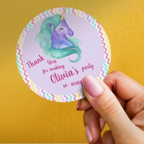 Magical Unicorn Chevron Pastel Kids Birthday Party Classic Round Sticker