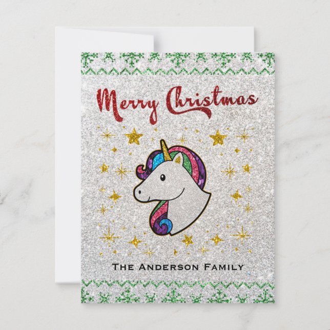 Magical Unicorn Christmas Glitter Holiday Card (Front)