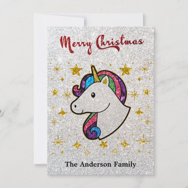 Magical Unicorn Christmas Glitter Holiday Card (Front)
