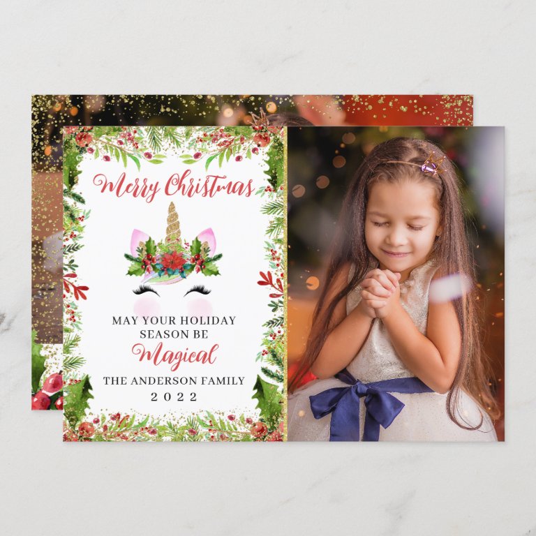 Magical Unicorn Christmas Holly Berries 2 Photo                    Holiday Card