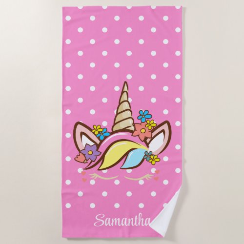 Magical Unicorn Colorful Girl Name Floral Pink Beach Towel