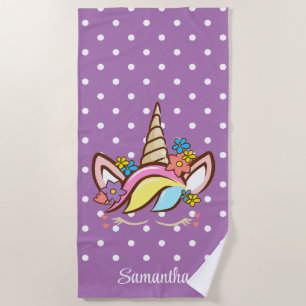 Magical Unicorn Colorful Girl Name Floral Purple Beach Towel