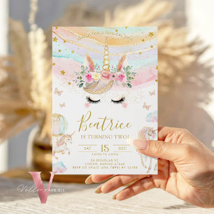 Magical Unicorn Colorful Pastel Gold Gliiter Bday Invitation