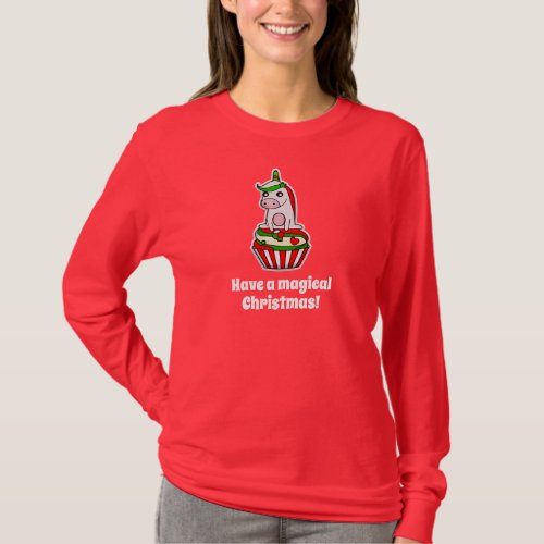 Magical Unicorn Cupcake Christmas Red Green T_Shirt