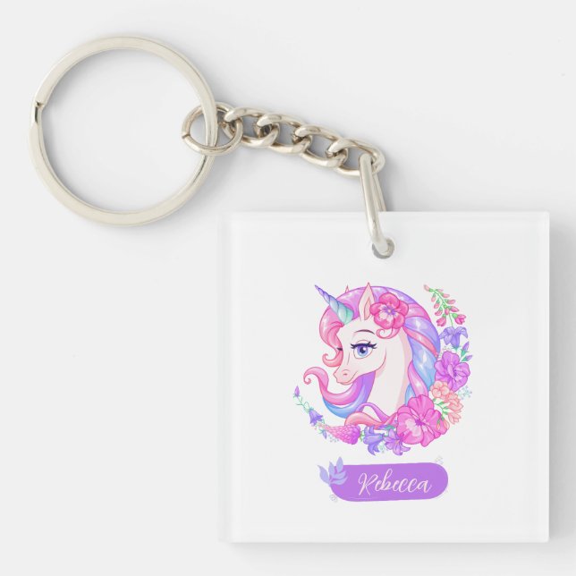 Magical Unicorn  custom Photo floral girl  Keychain (Front)