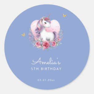 Magical Unicorn Cute Blue Birthday Favor Classic Round Sticker