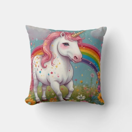 Magical Unicorn Dancing in Floral Meadow Throw Pillow
