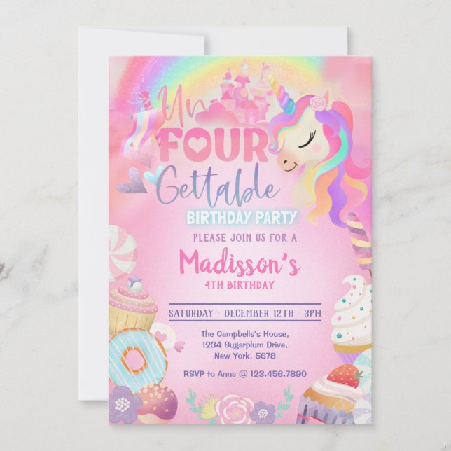 Magical Unicorn Donut Sweet 4th Birthday Invitation (Front)