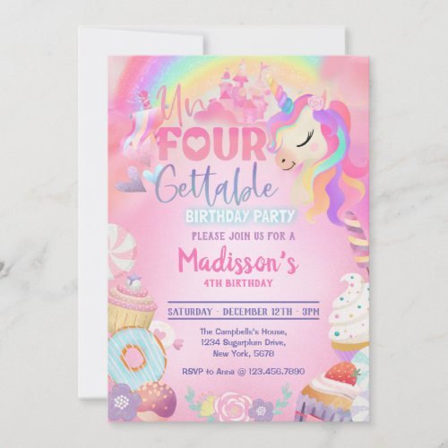 Magical Unicorn Donut Sweet 4th Birthday Invitation