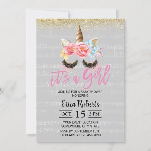 Magical Unicorn Elegant Music Girl Baby Shower Invitation