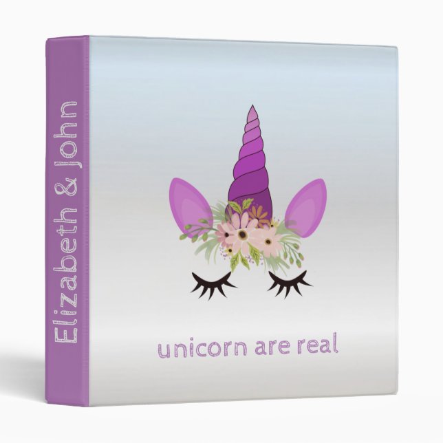 Magical Unicorn Face, Floral Crown,  Silver 3 Ring Binder (Front/Spine)