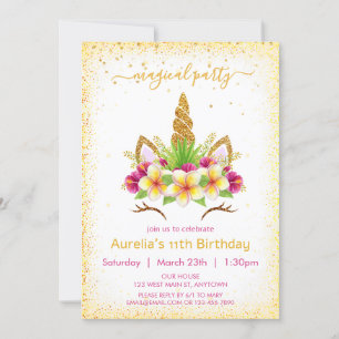 Magical unicorn face with florals girl birthday invitation
