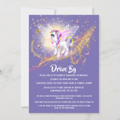 Magical unicorn fairy glitter stars drive by girl invitation