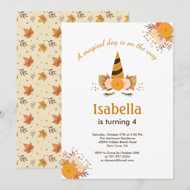 Magical Unicorn Fall Halloween Birthday Party Invitation (Front/Back)