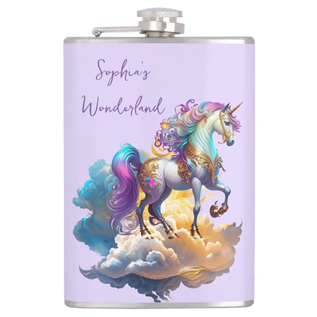 Magical Unicorn Fantasy clouds romance birthday Flask (Front)