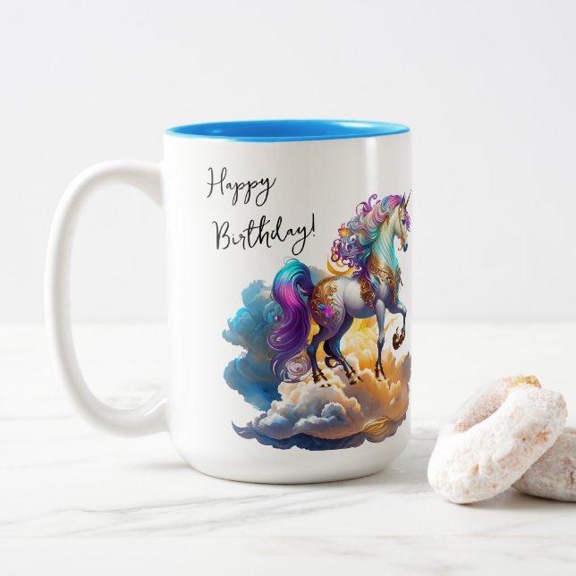 Magical Unicorn Fantasy clouds romance birthday  Two-Tone Coffee Mug (With Donut)