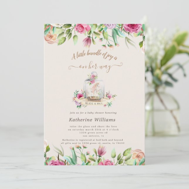 magical unicorn floral baby shower invitation (Standing Front)