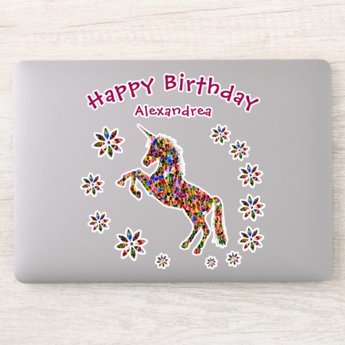 Magical Unicorn Floral Birthday Glitter Custom Sticker