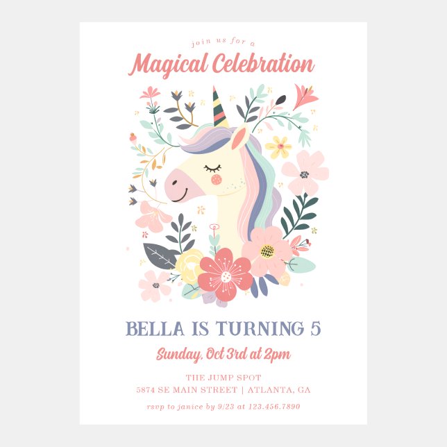 Magical Unicorn Floral Birthday Invitation (Front)