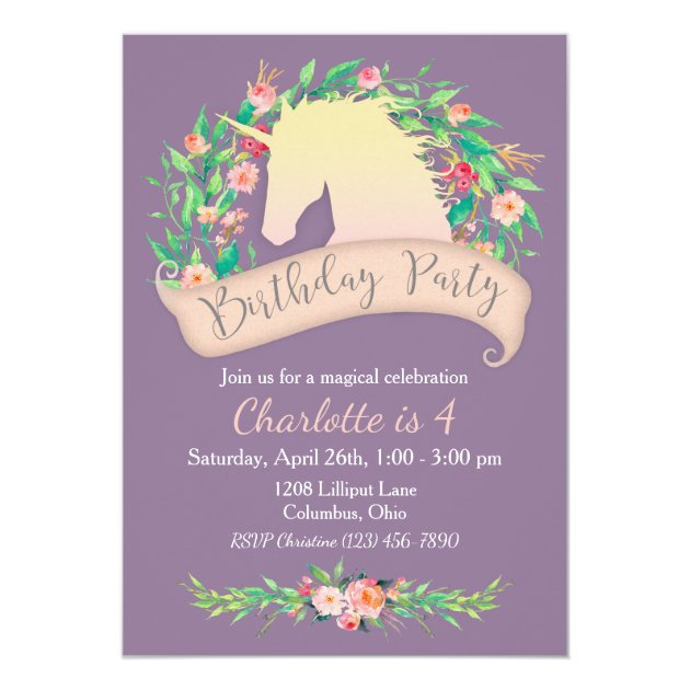 Magical Unicorn Floral Birthday Party Invitation