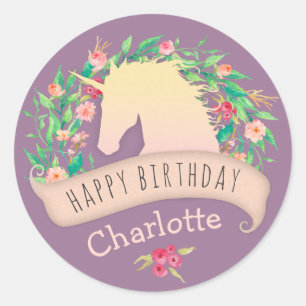Magical Unicorn Floral Birthday Party Classic Round Sticker