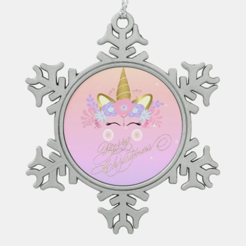 Magical Unicorn Floral Crown Merry Christmas Snowflake Pewter Christmas Ornament