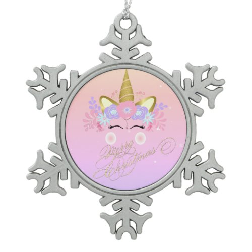 Magical Unicorn Floral Crown, Merry Christmas Snowflake Pewter Christmas Ornament