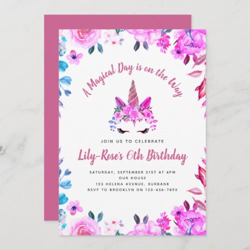 Magical Unicorn Floral Girls Birthday Invitation