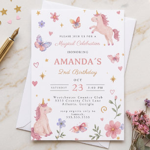 Magical Unicorn Floral Pink Girls 2nd Birthday Invitation