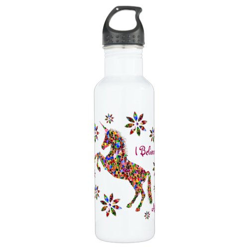 Magical Unicorn Flower Believe Glitter Personalize Stainless Steel Water Bottle