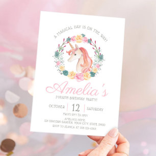 Magical Unicorn Flower Birthday party Invitation