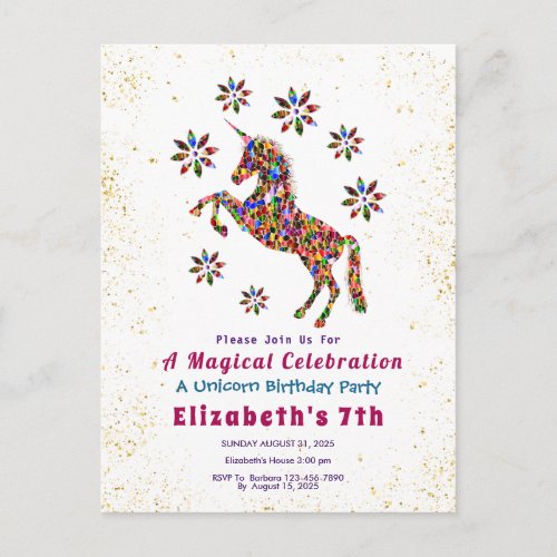 Magical Unicorn Flowers Birthday Invitation Postcard
