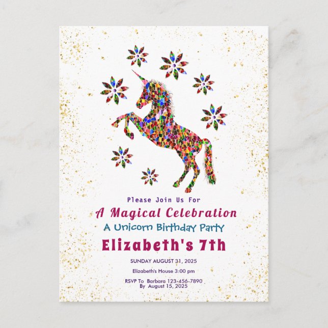 Magical Unicorn Flowers Birthday Invitation Postcard (Front)