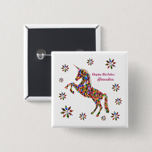 Magical Unicorn Flowers Birthday Personalize Button