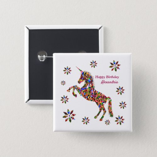 Magical Unicorn Flowers Birthday Personalize Button