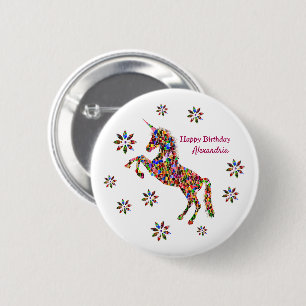 Magical Unicorn Flowers Birthday Personalize Button