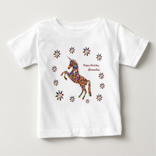 Magical Unicorn Flowers Birthday Personalize White Baby T_Shirt