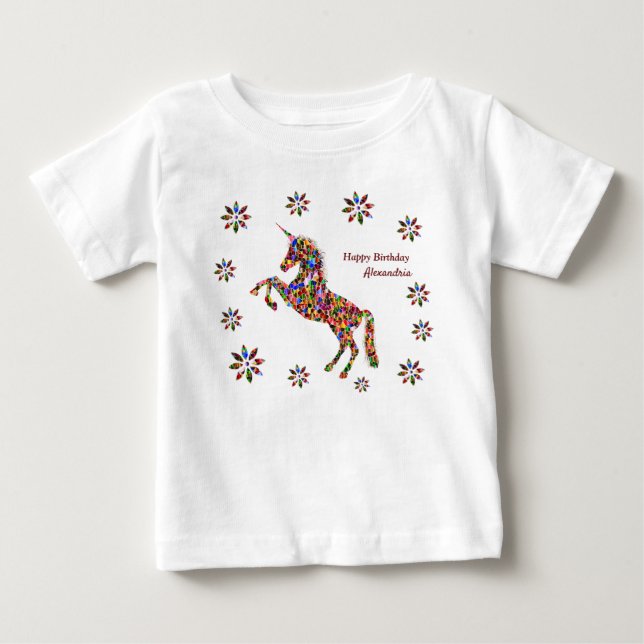 Magical Unicorn Flowers Birthday Personalize White Baby T-Shirt (Front)