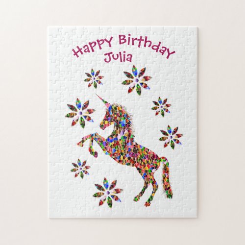 Magical Unicorn Flowers Happy Birthday Personalize Jigsaw Puzzle